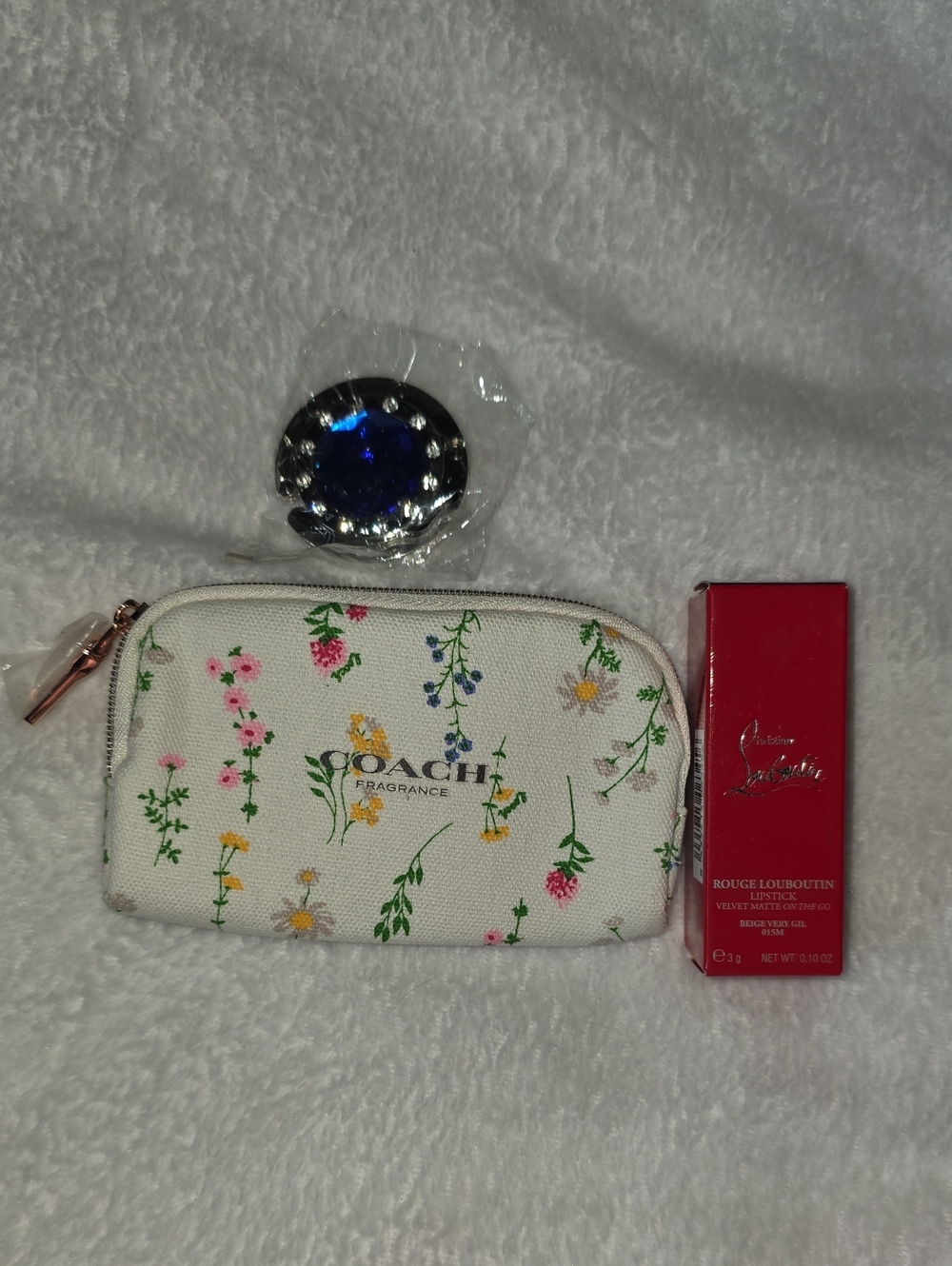 Coach White Floral Canvas Coin Pouch with Gold-Tone Zip And Rouge Louboutin